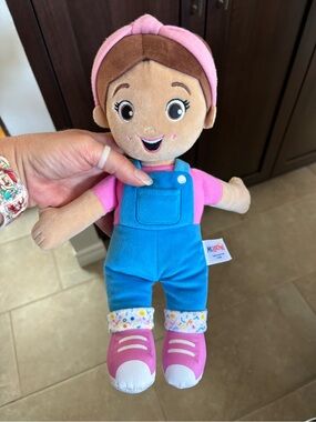 Plush Doll with Pink Headband and Blue Overalls - Kids Stuffed Toy